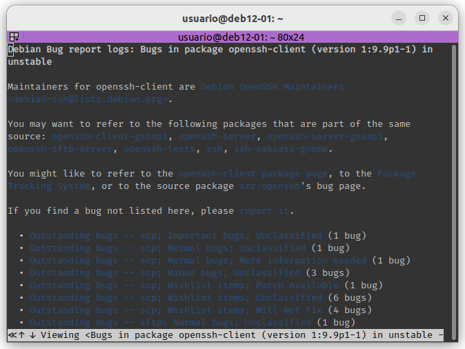 Salida del comando bts bugs openssh-client